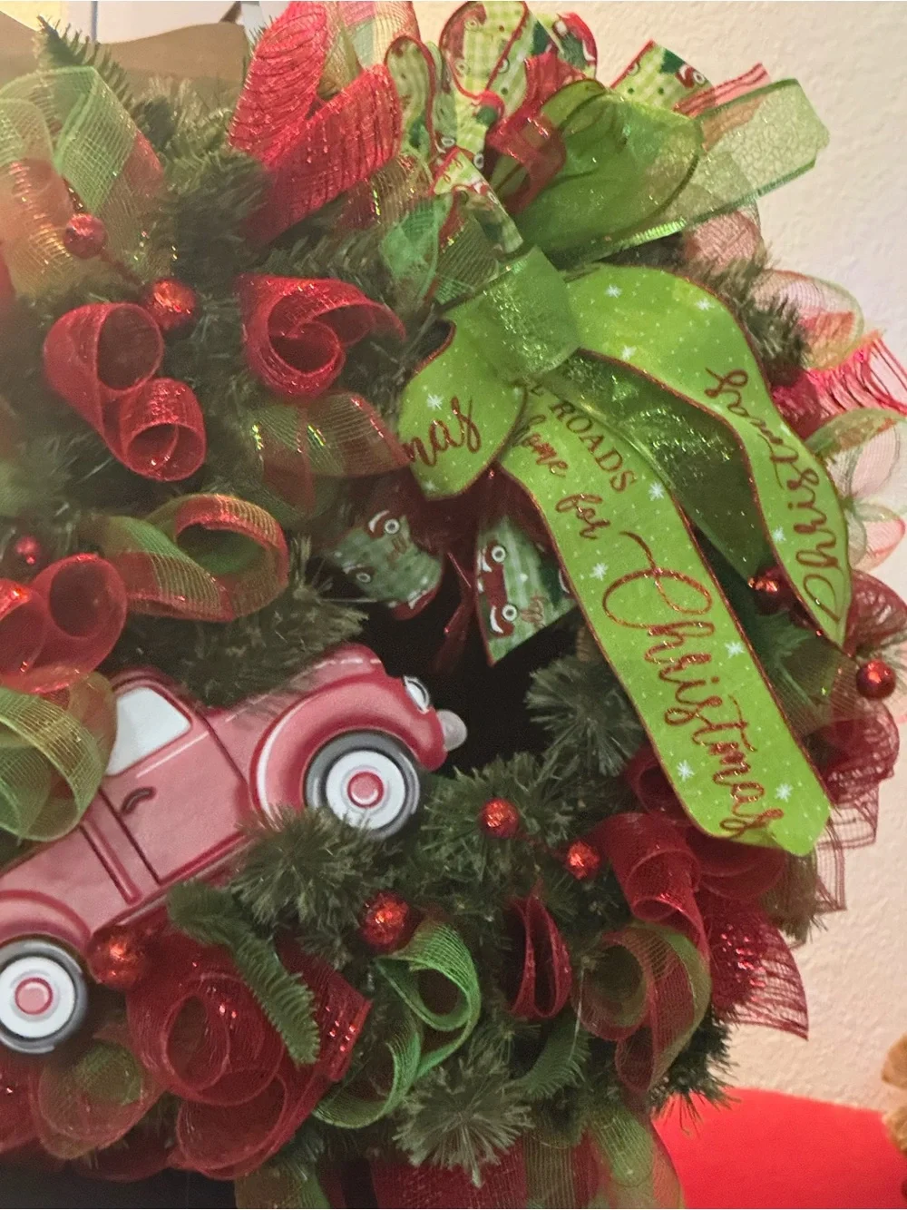 Red & Green Holiday Wreath with Vintage Red Truck - ALL ROADS LEAD HOME WREATH